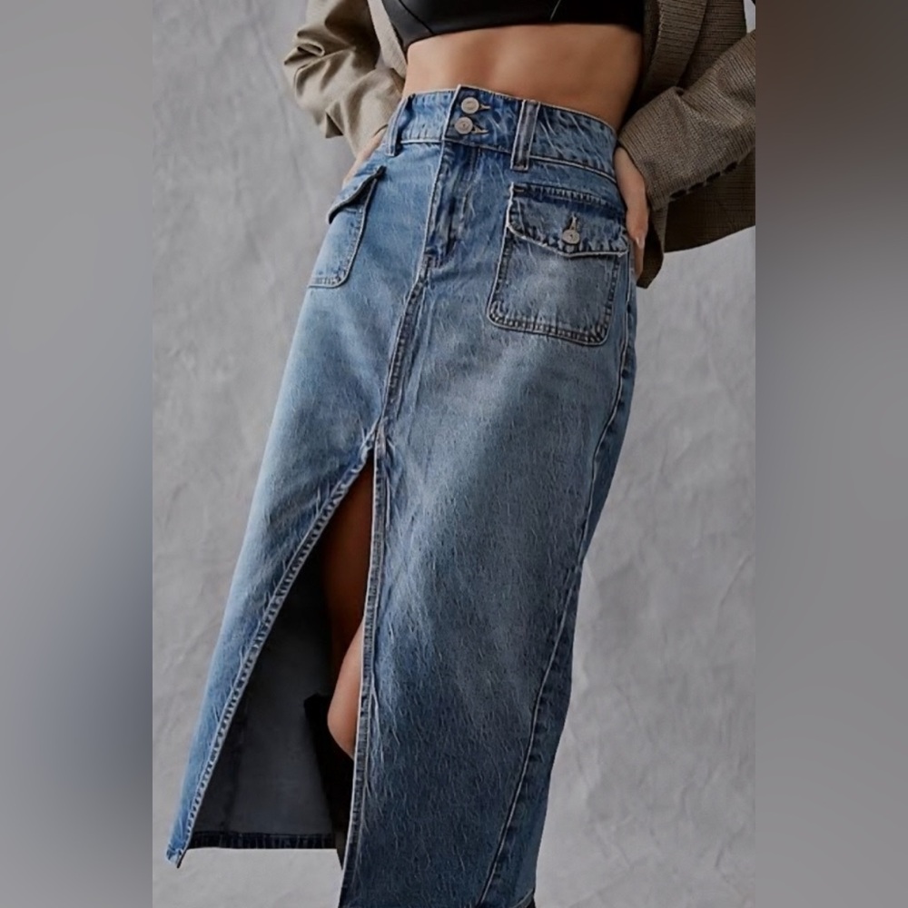 Free People We The Free Madison Blue Denim Midi Skirt Front Slit Casual Size 25 - Picture 9 of 9